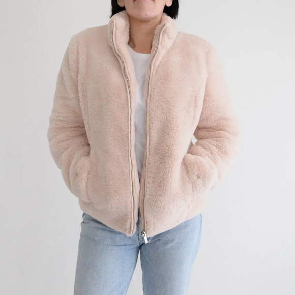 Tribal Jeans Pink Faux Fur Zip Up Bomber Jacket Size P/S - Picture 1 of 13